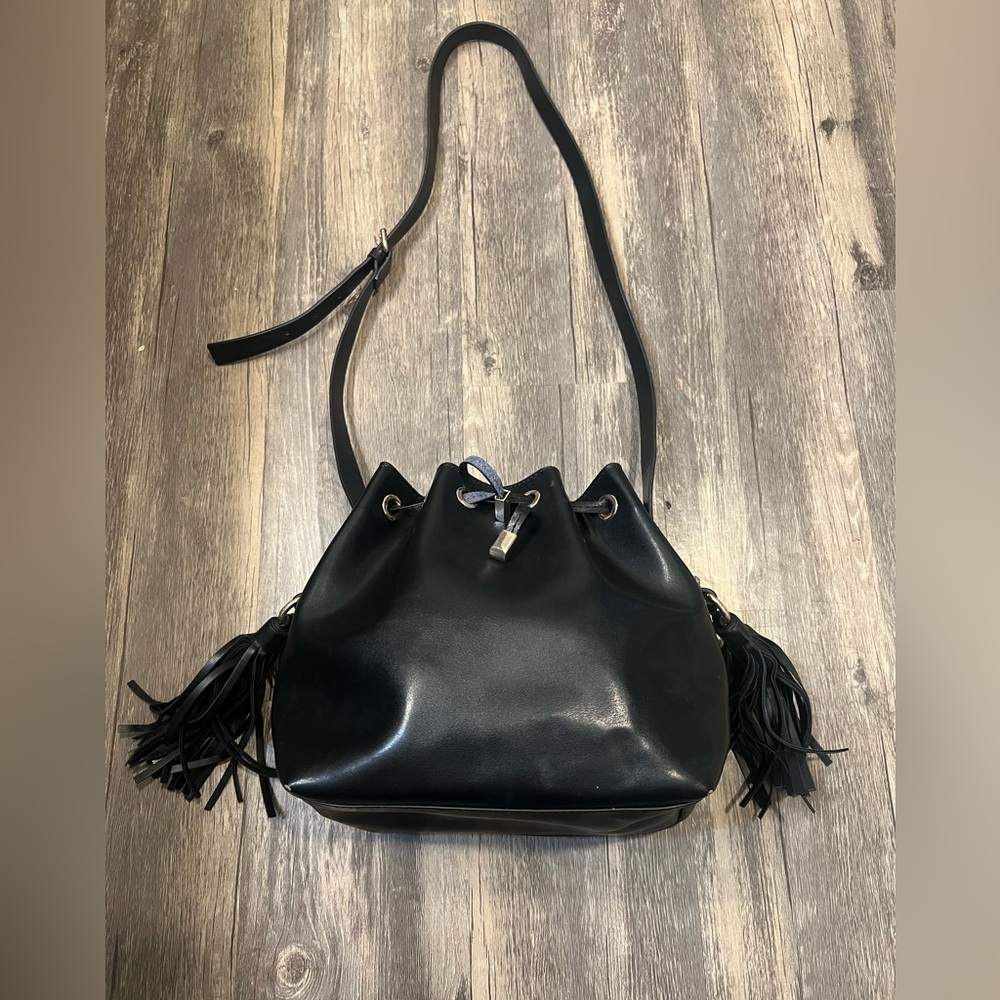 Zara Black Faux Leather Mini Drawstring Bucket Bag with Tassels Trafaluc Edgy